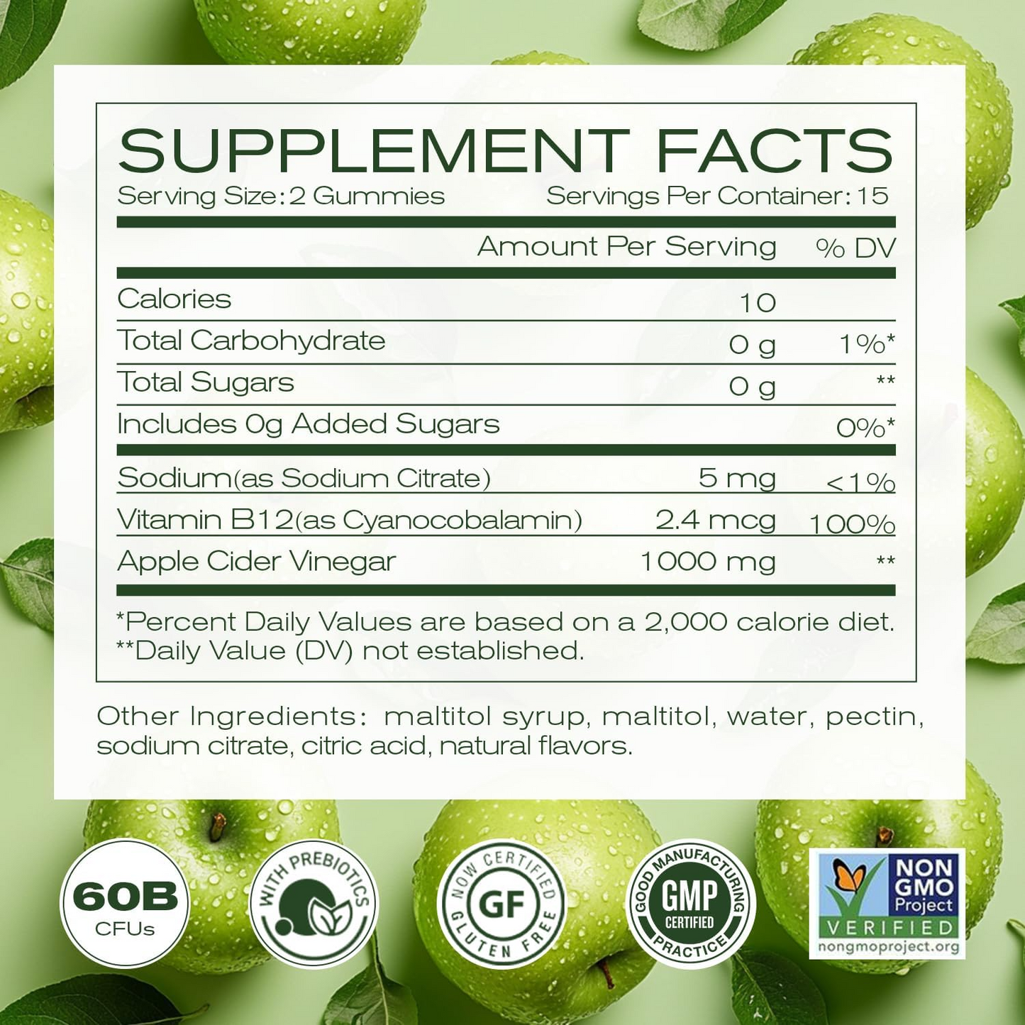 Apple cider Vinegar Gummies 15 days Clean, gluten-free, non-GMO, ACV Natural supplement for optimal diet health